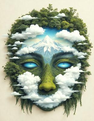 The primary subject of the image is a face with green eyes and a mouth, which is painted on a white surface. The face is surrounded by a lush green environment, giving it a vibrant and natural appearance. The visual style of the image is a combination of digital art and illustration, creating a unique and captivating representation of the face. The colors and mood of the image are predominantly green, which adds to the overall atmosphere of the scene.